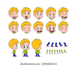 Set of elements for creating boy character animation. Little preschool cute boy with different emotions, gestures, poses. Arms, legs and other body parts construction. Cartoon flat vector collection