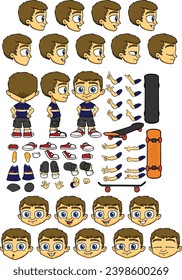 Set of elements for creating a boy character animation. boy with different emotions, gestures and poses, All sides, Arms, legs and other body parts construction. Cartoon vector collection