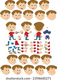 Set of elements for creating a boy character animation. boy with different emotions, gestures and poses, All sides, Arms, legs and other body parts construction. Cartoon vector collection