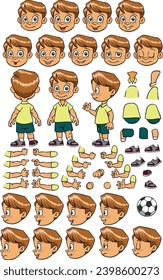 Set of elements for creating a boy character animation. boy with different emotions, gestures and poses, All sides, Arms, legs and other body parts construction. Cartoon vector collection