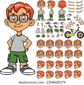 Set of elements for creating a boy character animation. boy with different emotions, gestures and poses, All sides, Arms, legs and other body parts construction. Cartoon vector collection