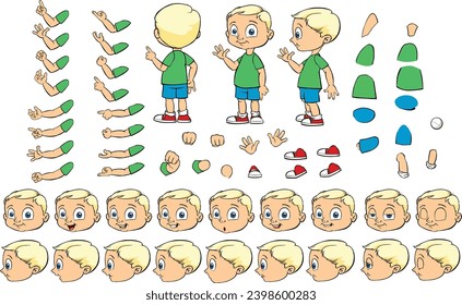 Set of elements for creating a boy character animation. boy with different emotions, gestures and poses, All sides, Arms, legs and other body parts construction. Cartoon vector collection