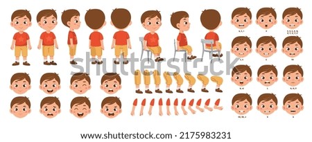 Set of elements for creating boy character animation. Little schoolboy with different emotions, gestures and poses. Arms, legs and other body parts construction. Cartoon flat vector collection ストックフォト © 