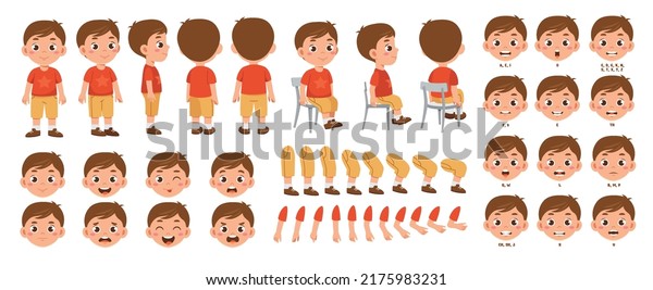Set of elements for creating boy character\
animation. Little schoolboy with different emotions, gestures and\
poses. Arms, legs and other body parts construction. Cartoon flat\
vector collection
