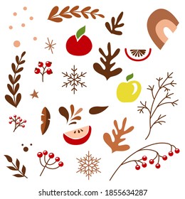 A set of elements for creating a design in the New Year's style on a white isolated background. Natural elements, icons in flat design.