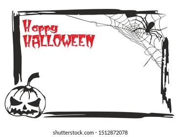 A set of elements for creating different invitations and posters for Halloween: frame, web, happy Halloween inscription, pumpkin, spider on a web on a white background