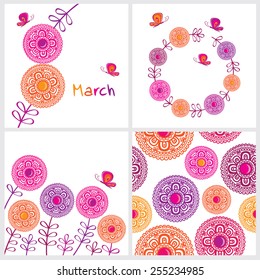 Set of elements for creating greeting cards, wedding invitations, birthday, Mother's Day. Spring seamless pattern. Greeting card with March 8. International Women's Day. Vector illustration.