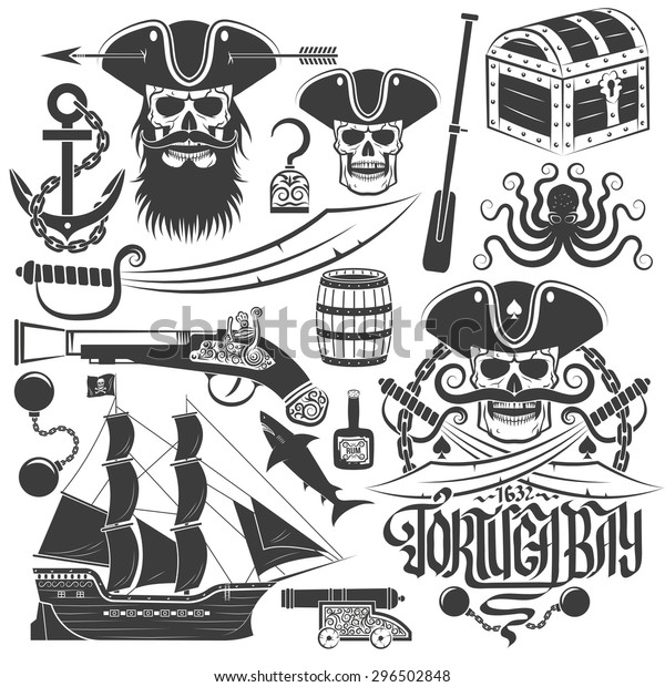 Set of elements for creating pirate logo or tattoo.\
Skull emblem. Tricorn, anchor, saber, old gun, barrel, chest, ship,\
octopus and more.