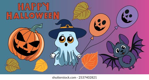 
Set of elements for creative projects in Halloween style on a gradient background. Smooth color transition. Vector illustration.