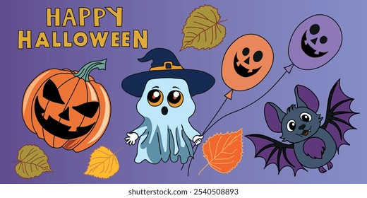 Set of elements for creative projects for Halloween on a gradient background. Smooth color transition. Vector illustration.