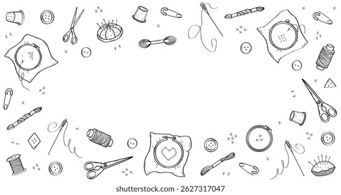 Set of elements for cross-stitch. Doodle icons of sewing tools for needlework. Design background.