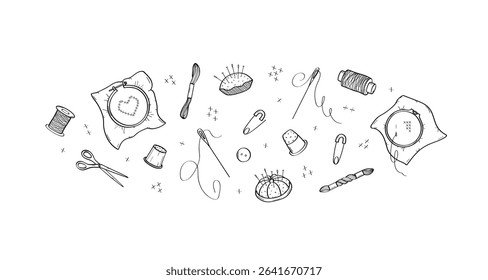 Set of elements for cross-stitch. Doodle icons of sewing tools for needlework. Design background.