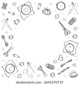 Set of elements for cross-stitch. Doodle icons of sewing tools for needlework. Design background.