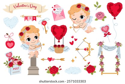 Set elements and cute cupids for Valentine's Day. Angels, bow and arrow, hearts, letter, lollipop.	