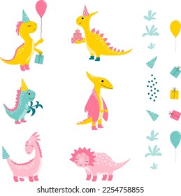 set elements with cutes dinosaur, baby shower greeting card. For Print  kids bedding, fabric, wallpaper, wrapping paper, textile, t-shirt print