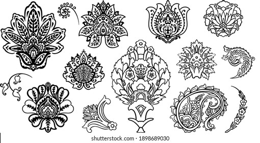 Conjunto de elementos del ornamento de Damask. Floral Turca o decoración persa oriental - flores y hojas. Ilustraciones simples de líneas vectoriales para diseño de costos e impresión.