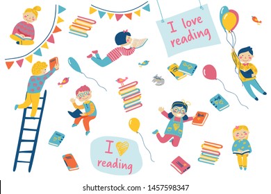 Set of elements for the day of children's books. I love reading. Group children, boys and girls read books. Vector in cartoon style