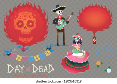 Set of elements for day of the dead decorations. Create vector posters and invitations