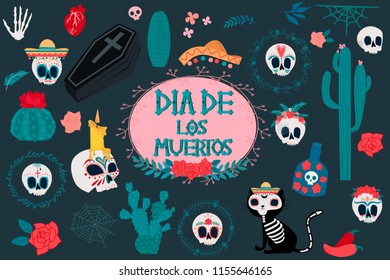 Set of elements for Day of the dead, Mexican traditional holiday. Mexican wording translation: "Day of the dead". Editable vector illustration