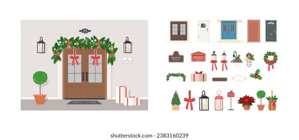 Conjunto de elementos para la decoración de la doble puerta delantera. Concepto exterior para casa. Caricatura de estilo plano. Ilustración del vector