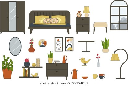 A set of elements for decorating the interior of a bedroom or living room. Bed, wardrobe with mirror, bedside table, floor lamp and lamps. Window and shelves for decoration, figurines and flowers