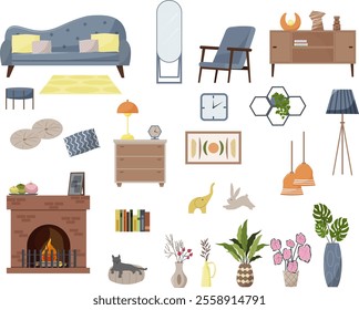 A set of elements for decorating the interior of a bedroom or living room. Bed, wardrobe with mirror, bedside table, floor lamp and lamps. Window and shelves for decoration, figurines and flowers