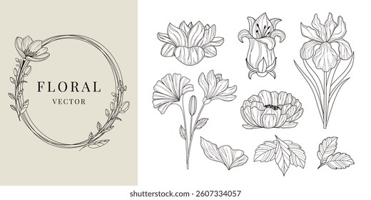 Set of elements for decorating wedding cards. Tattoo branch. Collection of elegant floral frame. Line art and clip art. Cut out. Silhouette of flowers. Rustic branch. Minimalistic chalk doodle.