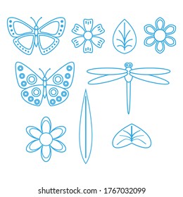 A set of elements for decoration, butterflies, flowers, leaves.