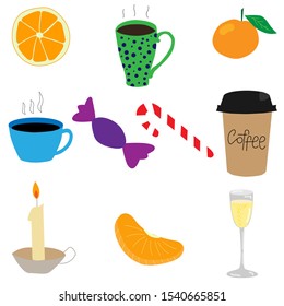 Set of elements for decoration of Christmas and new year illustrations. Color vector images for different types of printing.