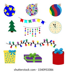 Set of elements for decoration of Christmas and new year illustrations. Color vector images for different types of printing.