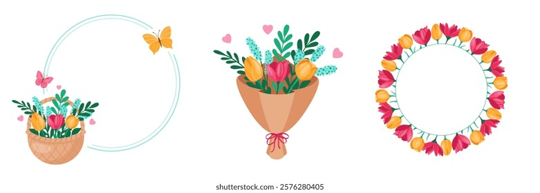 Set of elements for decoration. Wreath with basket of flowers, bouquet of flowers, frame from tulips. Spring Vector illustration. Isolated.