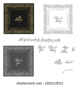 Set of elements for decorative cards - frame, lettering, wishes, sparkles. Vector.