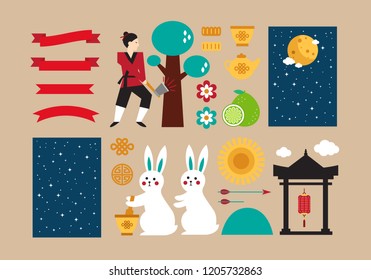 Set of elements dedicated to the Chinese folk festival Mid Autumn Festival