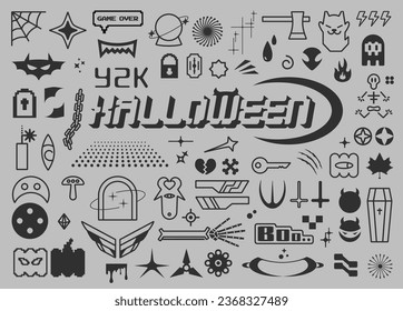 Set of elements dedicated to Halloween. Vector icons of Halloween attributes. Objects in Y2K style for web use.