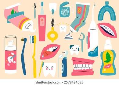 A set of elements dental tools. Dental care and tooth health. 