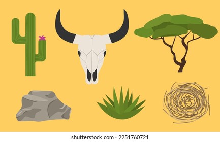 Set of elements for desert. Stone, skull bull, aloe, cactus, tree and dry Tumbleweed. Vector illustration.