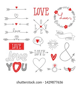 set of elements for design - arrows, hearts, love. hand-drawn design elements