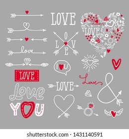 set of elements for design - arrows, hearts, love. hand-drawn design elements