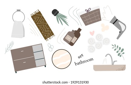 Set Of Elements For The Design Of The Bathroom. Poster With Hairdryer, Towel, Sink, Flower, Mirror, Shampoo