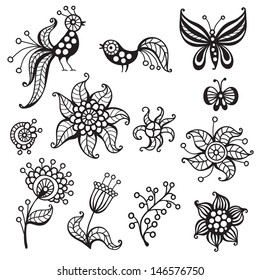 Set of elements for design: birds, butterflies, flowers. Vector illustration. 