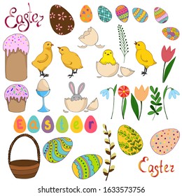 set of elements for design in bright colors, Easter holiday, yellow chicks, spring flowers and easter eggs, isolate on a white background