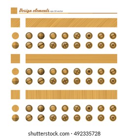 Set of elements for design - buttons and bolts, natural material. A vector.