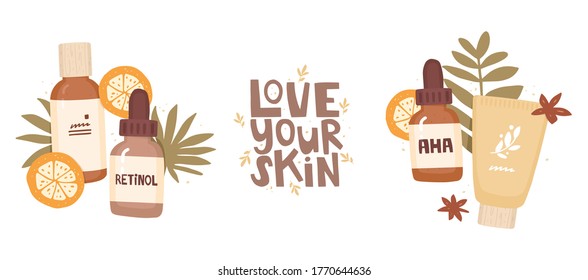 Set of elements for design. Cosmetics packaging surrounded by tropical leaves and fruits. Labels "retinol", "AHA". Handwritten lettering "love your skin." Anti-aging care, cosmetology, and dermatology