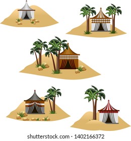 Set of elements to design desert landscape scenes or background. Nomad camp in desert, tents in sand dunes with palms. Cartoon or game asset. Isolated elements, Vector illustration