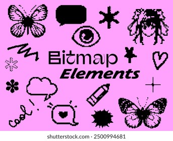 Set of elements for design with different random objects in pixel art style. Geometric figures, speech bubbles, images of eyes, ect.