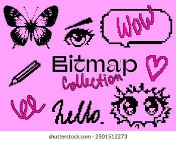 Set of elements for design with different random objects in pixel art style. Geometric figures, anime eyes, doodles, ect.