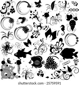 Set of elements for design, floral. fish, butterfly, abstract and  other, black, tattoo, vector, isolated on white