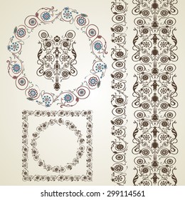 Set of elements for design. Frame, border with flowers in russian style. Ethnic motifs.Vector illustration