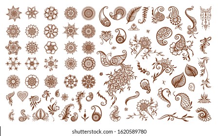 Set of elements for design in mehendi, traditional indian henna style. Ethnic style compositions. Floral ornaments and mandalas. Vector illustration..