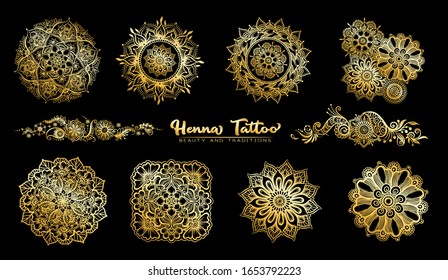 Set of elements for design in mehendi, traditional indian henna style. Ethnic style compositions. Floral ornaments and mandalas in gold and black. Vector illustration..